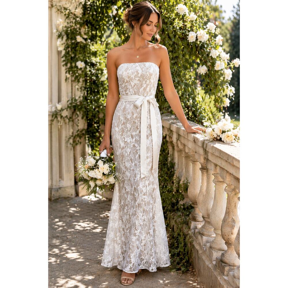 Strapless White Lace Maxi Dress Bridal Rehearsal Dinner Wedding Gown Formal